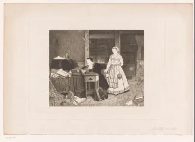 Interieur met een vrouw staand naast een lezende man