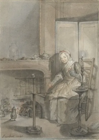 Interieur met een wolkluwende jonge vrouw
