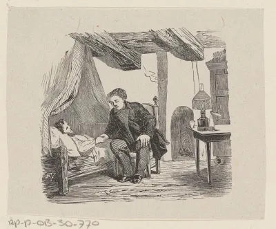 Interieur met een zittende man die de hand van een man in bed vasthoudt