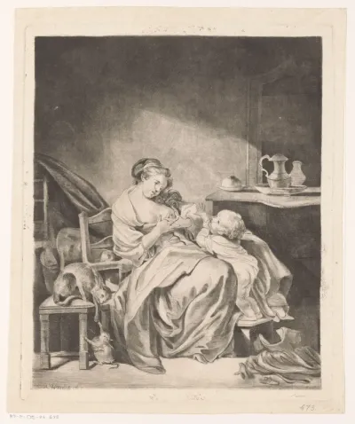 Interieur met een zittende vrouw die haar kind voedt