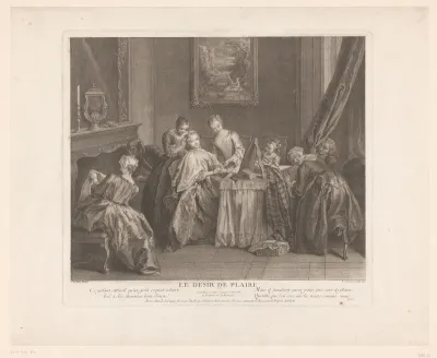 Interieur met elegante dame die gekapt wordt door haar hofdames