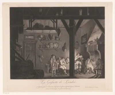 Interieur met figuren bij een haardvuur
