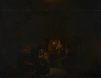 Interieur met figuren bij kaarslicht