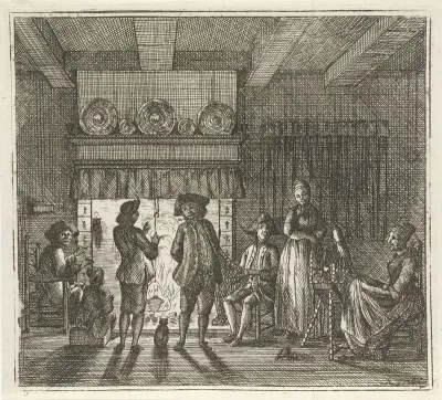 Interieur met figuren bij open haard