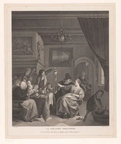 Interieur met figuren rond een tafel