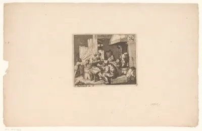 Interieur met figuren rond open haard