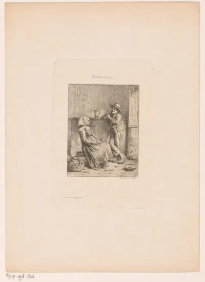 Interieur met fluitspelende jongen en meisje dat aardappels schilt