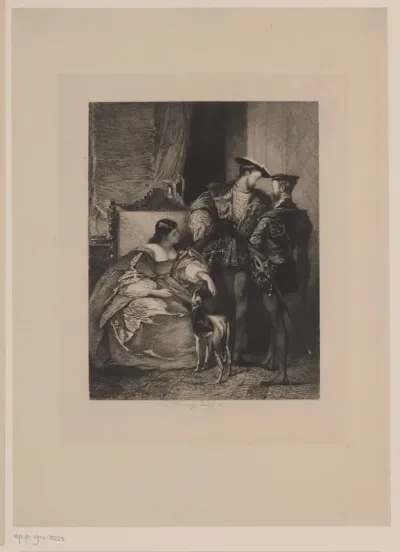 Interieur met Frans I van Frankrijk, keizer Karel V en de hertogin van Étampes