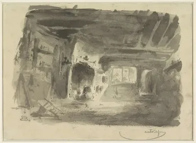 Interieur met geknielde vrouw voor haard