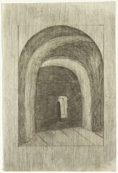 Interieur met gewelven en klein raam met luik