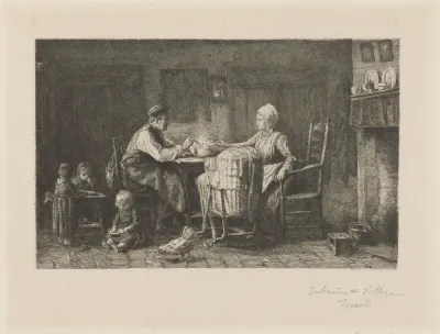 Interieur met gezin aan de maaltijd