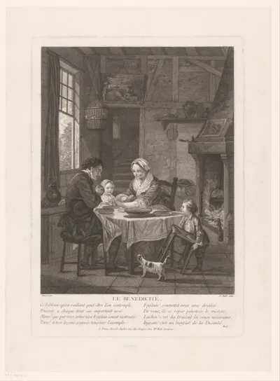 Interieur met gezin dat het eten zegent aan tafel