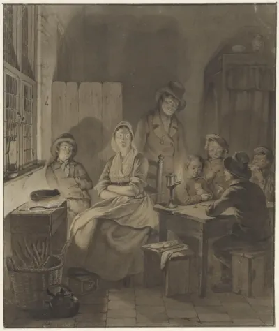 Interieur met groep mensen rond tafel bij kaarslicht