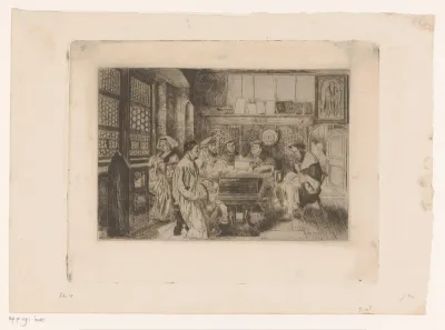 Interieur met groep personen, waaronder Luther, rond een tafel