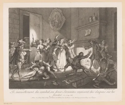 Interieur met groep vechtende mensen
