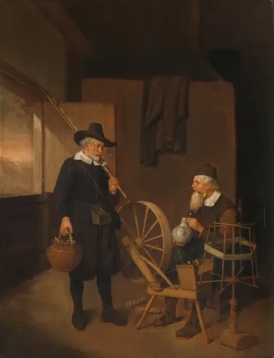 Interieur met hengelaar en man bij spoelrad en haspel