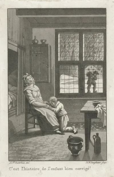 Interieur met huilende vrouw en geknield kind