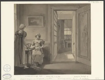 Interieur met jonge vrouw en dienstbode
