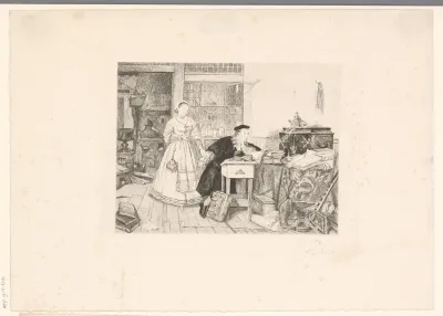 Interieur met jonge vrouw staand naast een alchemist aan zijn lessenaar