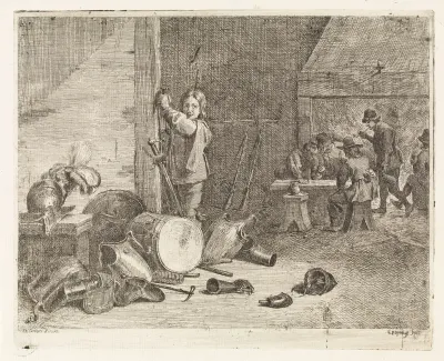Interieur met jongen bij een trom en wapenrusting