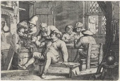 Interieur met kaartende boeren