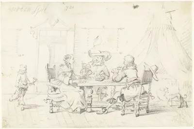 Interieur met kaartspelers en een bediende