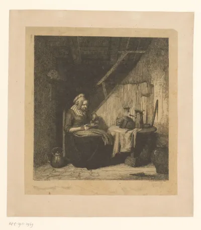 Interieur met kat op tafel en een vrouw die melk inschenkt