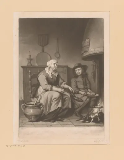 Interieur met koekenbakster en jongen bij een haard