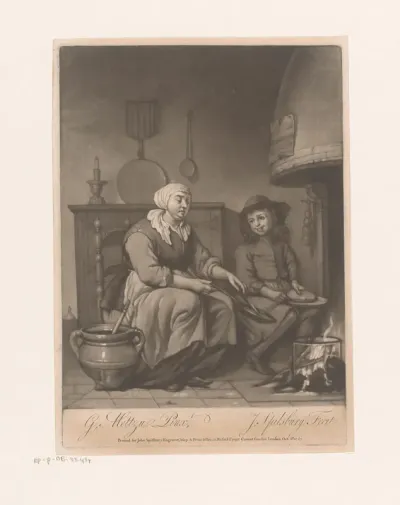 Interieur met koekenbakster en jongen bij een haard