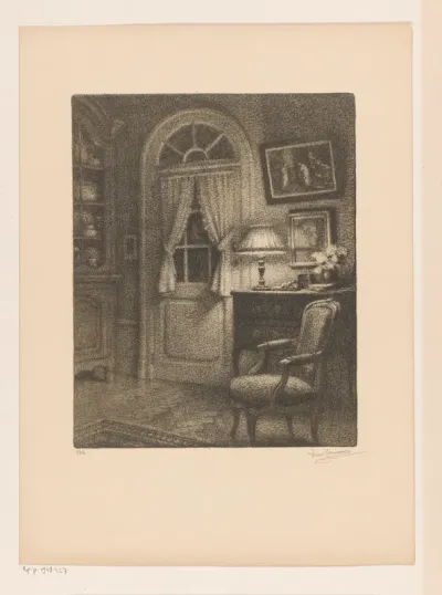 Interieur met leunstoel, bij lamplicht