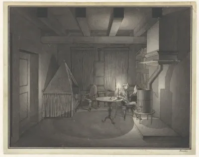 Interieur met lezende man bij kaarslicht