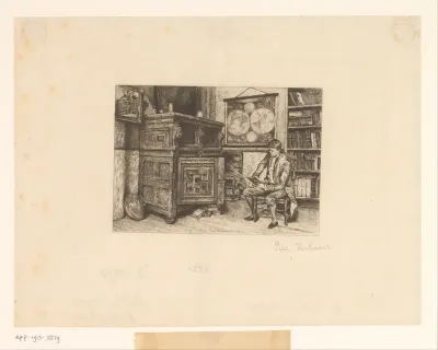 Interieur met lezende man gezeten voor een boekenkast
