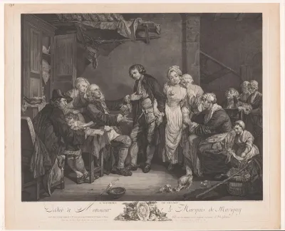 Interieur met man die de hand van een vrouw vraagt