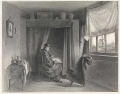Interieur met man die voorleest aan een zieke in bed
