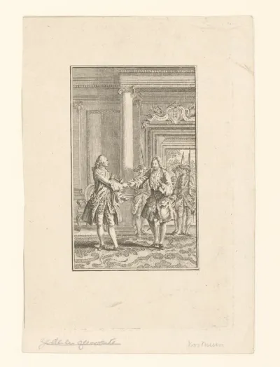 Interieur met man die zijn degen overhandigt aan een andere man