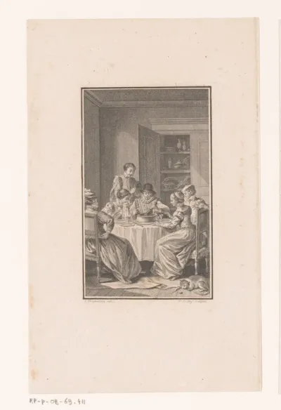 Interieur met man en vier vrouwen aan een tafel gezeten