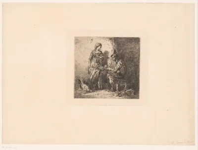 Interieur met man en vrouw rond een tafel