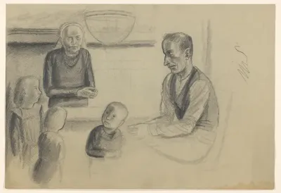 Interieur met man, vrouw en drie kinderen rond een tafel