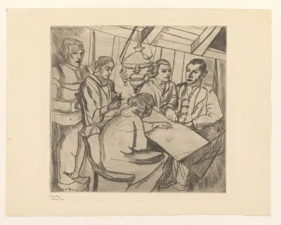 Interieur met mannen en vrouwen rond een tafel
