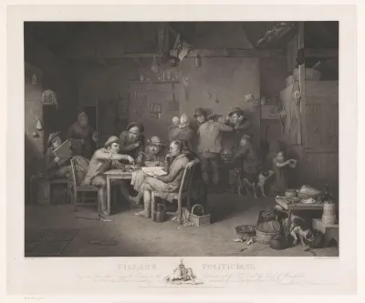 Interieur met mannen in discussie rond een tafel