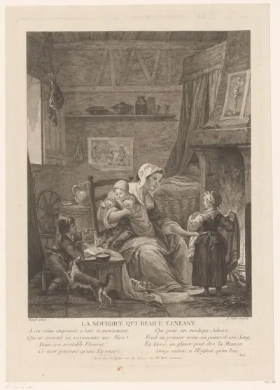Interieur met min en kinderen aan het haardvuur
