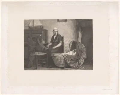 Interieur met moeder die verstelwerk doet bij een wieg