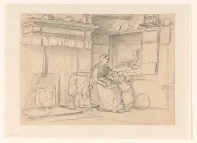 Interieur met moeder en kind bij een bedstede