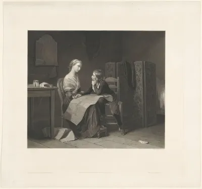 Interieur met moeder en zoon