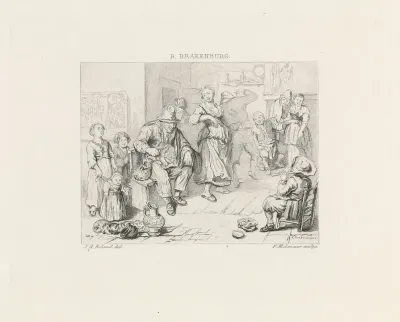 Interieur met musicerende en dansende boeren