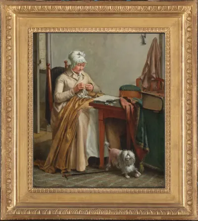 Interieur met naaiende vrouw