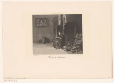 Interieur met oude vrouw die appels schilt