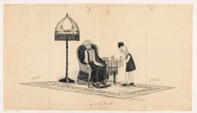 Interieur met oude vrouw en breiend meisje