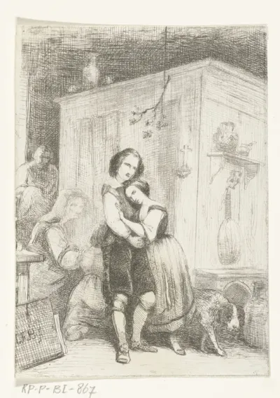 Interieur met oude zieke vrouw en haar familie