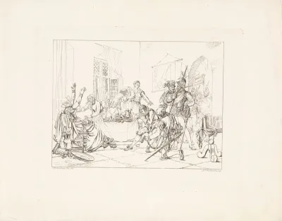 Interieur met personen rond een tafel en soldaten